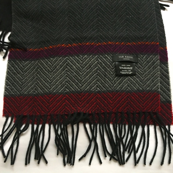 Ted Baker London Scarf 100% Wool Zig Zag Pattern Rectangle 68 x13 Grey Black Red - Picture 3 of 4
